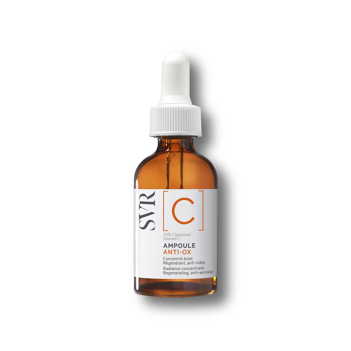 Frasco de vidrio ámbar con gotero blanco de SVR Ampoule Anti-Ox con vitamina C, etiqueta blanca y letras naranjas.