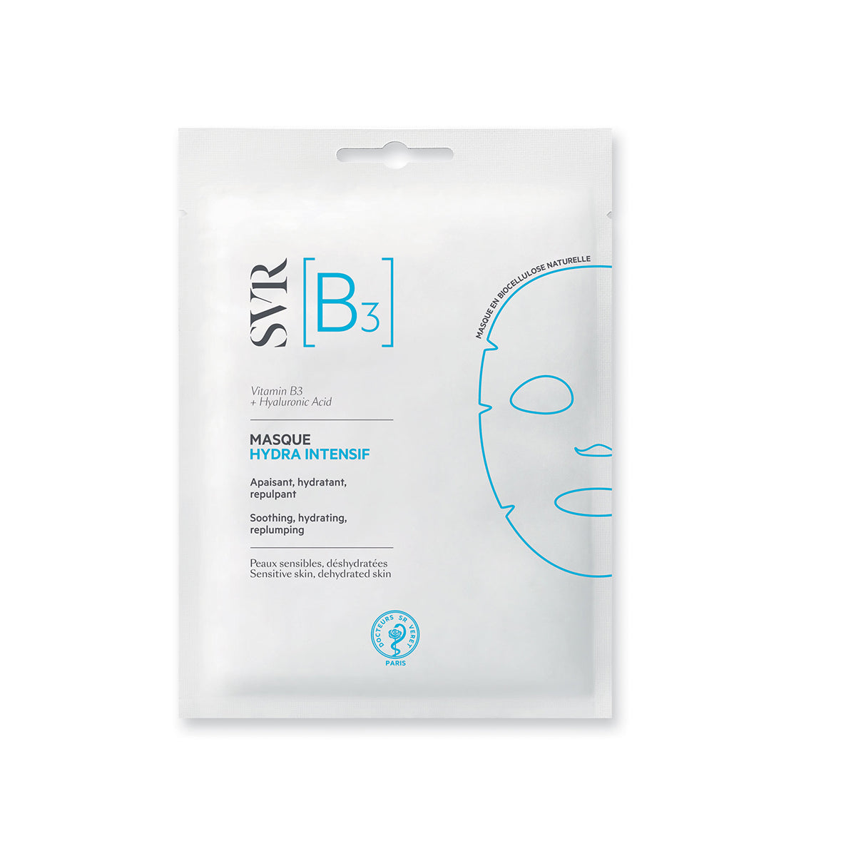 Mascarilla facial SVR B3 Hydra Intensif en sobre blanco con diseño minimalista, vitamina B3 y ácido hialurónico.