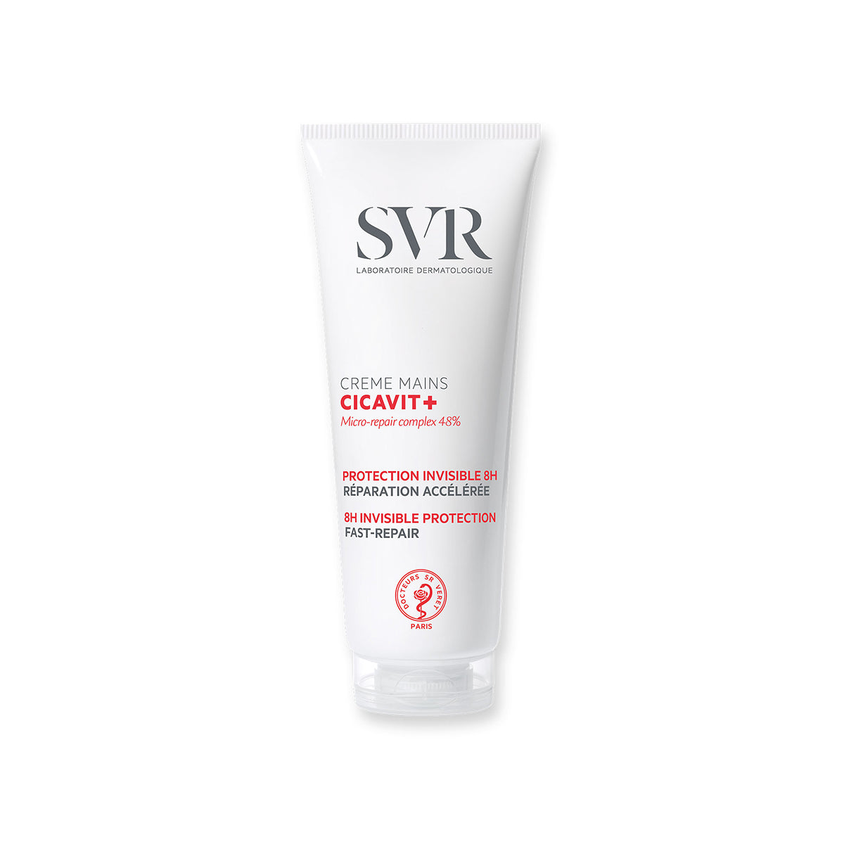 Tubo blanco de crema de manos SVR Cicavit+ con letras en rojo y gris, diseño minimalista y tapa transparente.