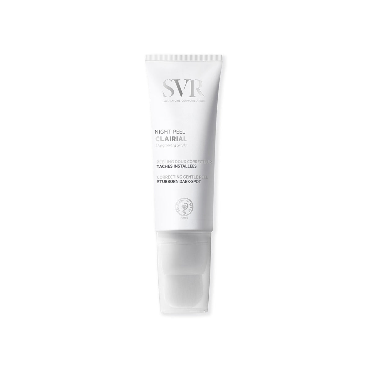 Tubo blanco de SVR Clairial Night Peel con aplicador de pincel integrado para tratamiento de manchas oscuras.