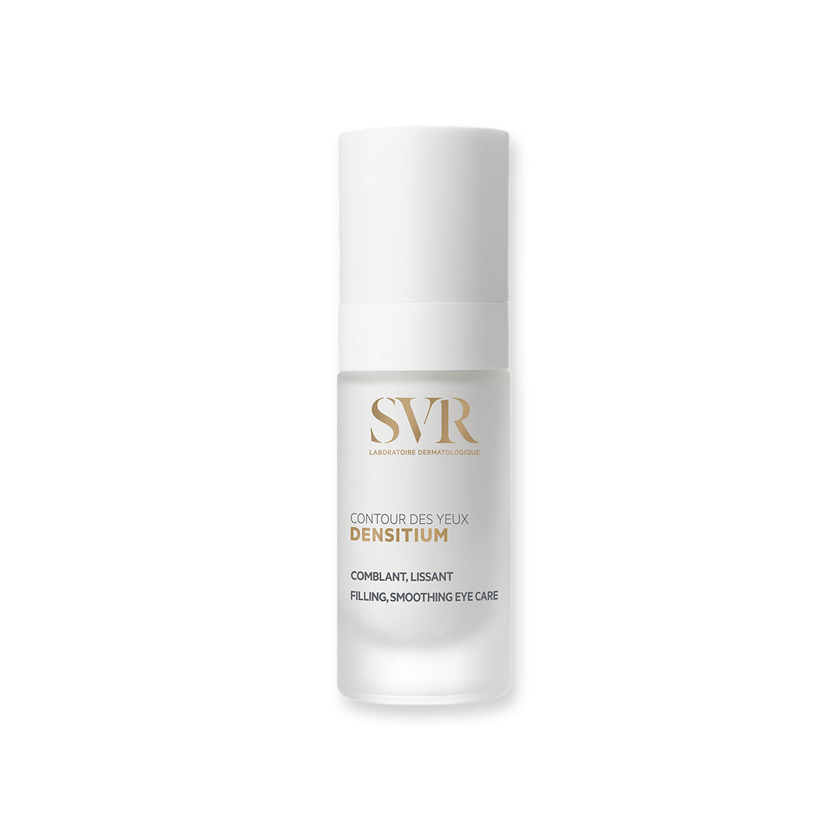 Envase cilíndrico de SVR Densitium Contour des Yeux con tapa blanca y frasco de vidrio esmerilado translúcido.