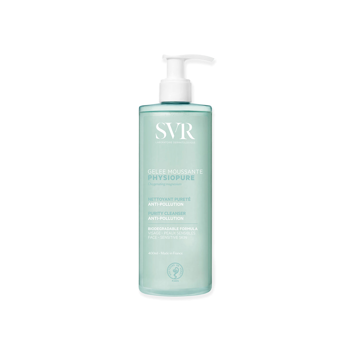 Envase cilíndrico de 400ml de gel limpiador SVR Physiopure con dispensador de bomba y líquido verde traslúcido.