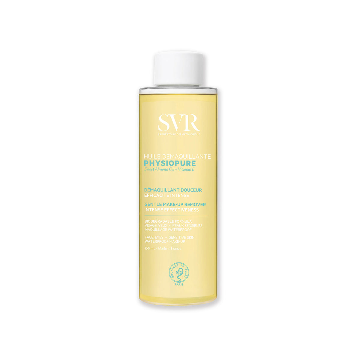 Frasco transparente de 150ml con aceite limpiador SVR Physiopure de color amarillo claro y tapón blanco.