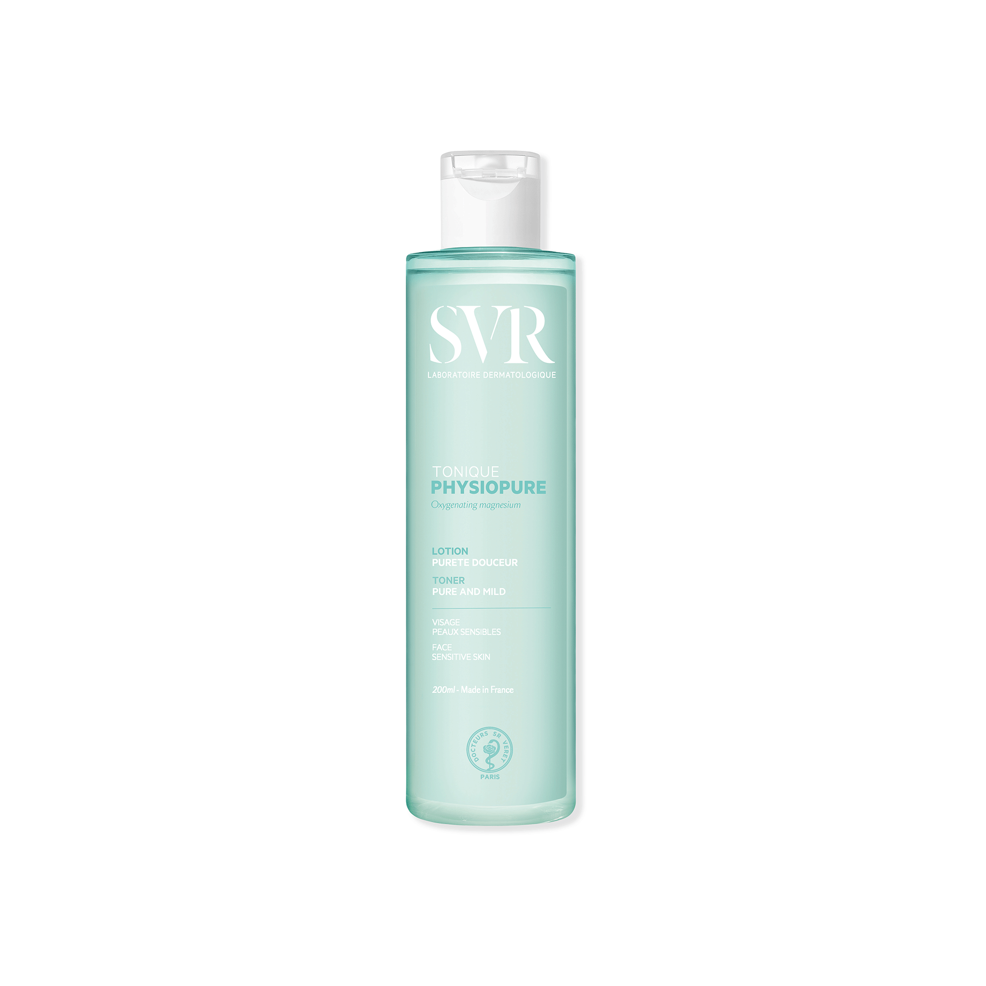 Botella cilíndrica de 200ml de tónico facial SVR PHYSIOPURE con líquido azul claro y tapa blanca a presión.