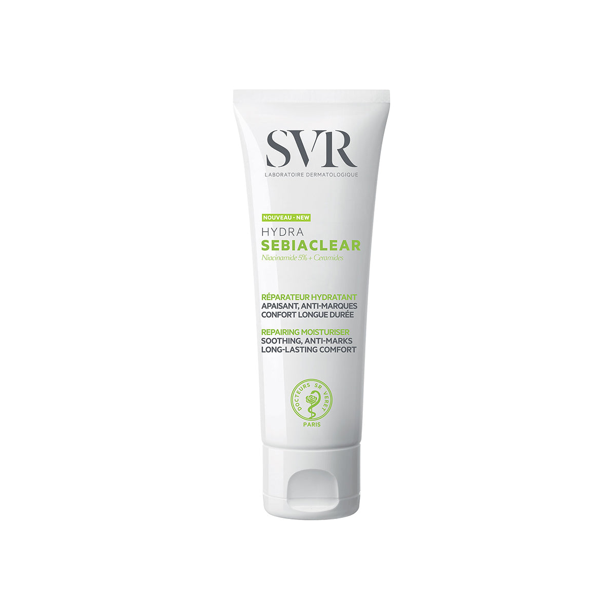 Tubo blanco de crema hidratante SVR Sebiaclear Hydra con letras verdes y negras sobre fondo blanco limpio.