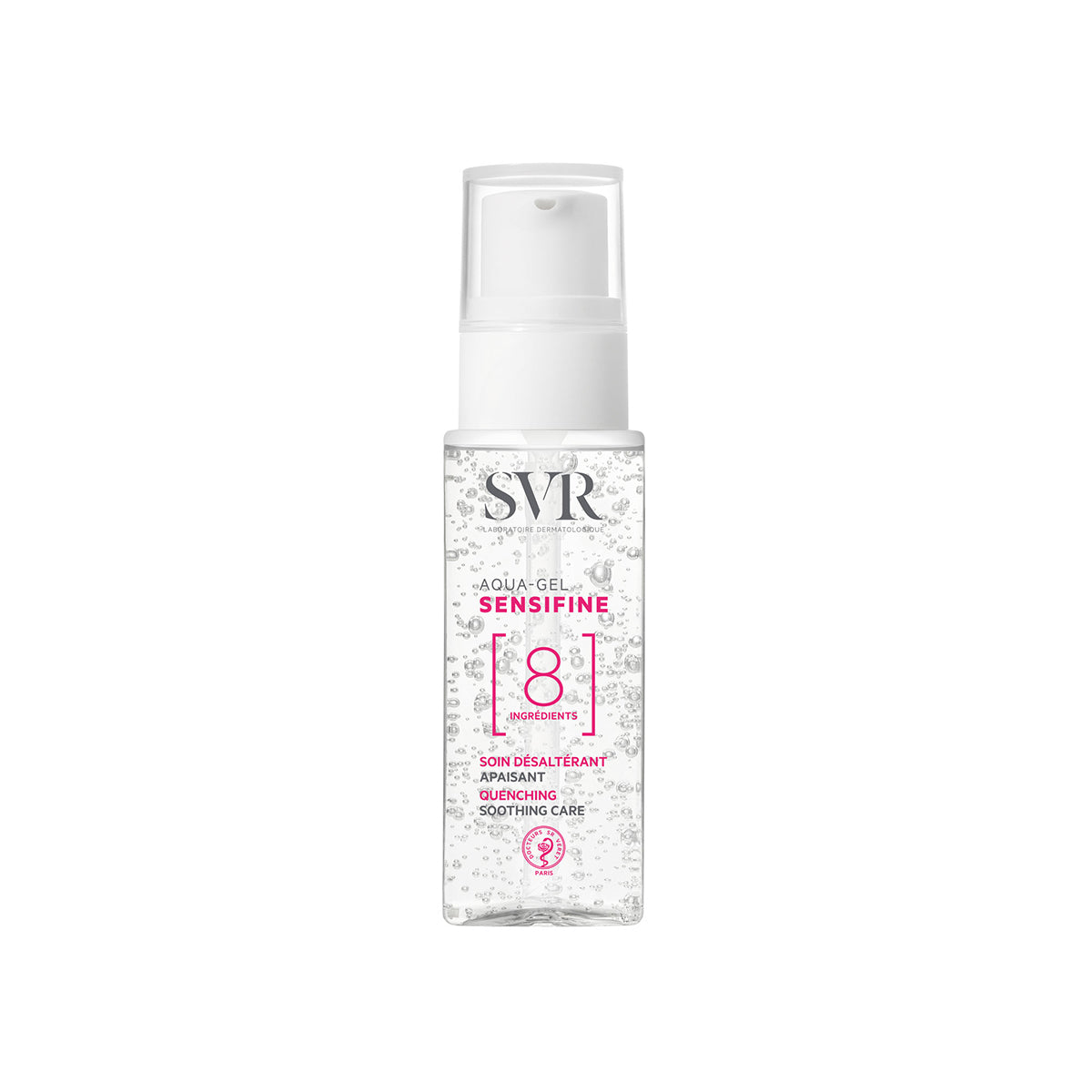 Envase transparente con dosificador de SVR Sensifine Aqua-Gel, tratamiento hidratante calmante con 8 ingredientes.