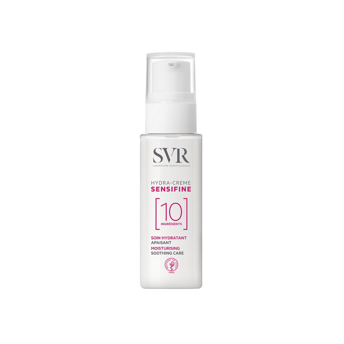 Envase blanco de SVR Sensifine Hydra-Creme con dosificador, destacando el número 10 en color fucsia sobre fondo minimalista.