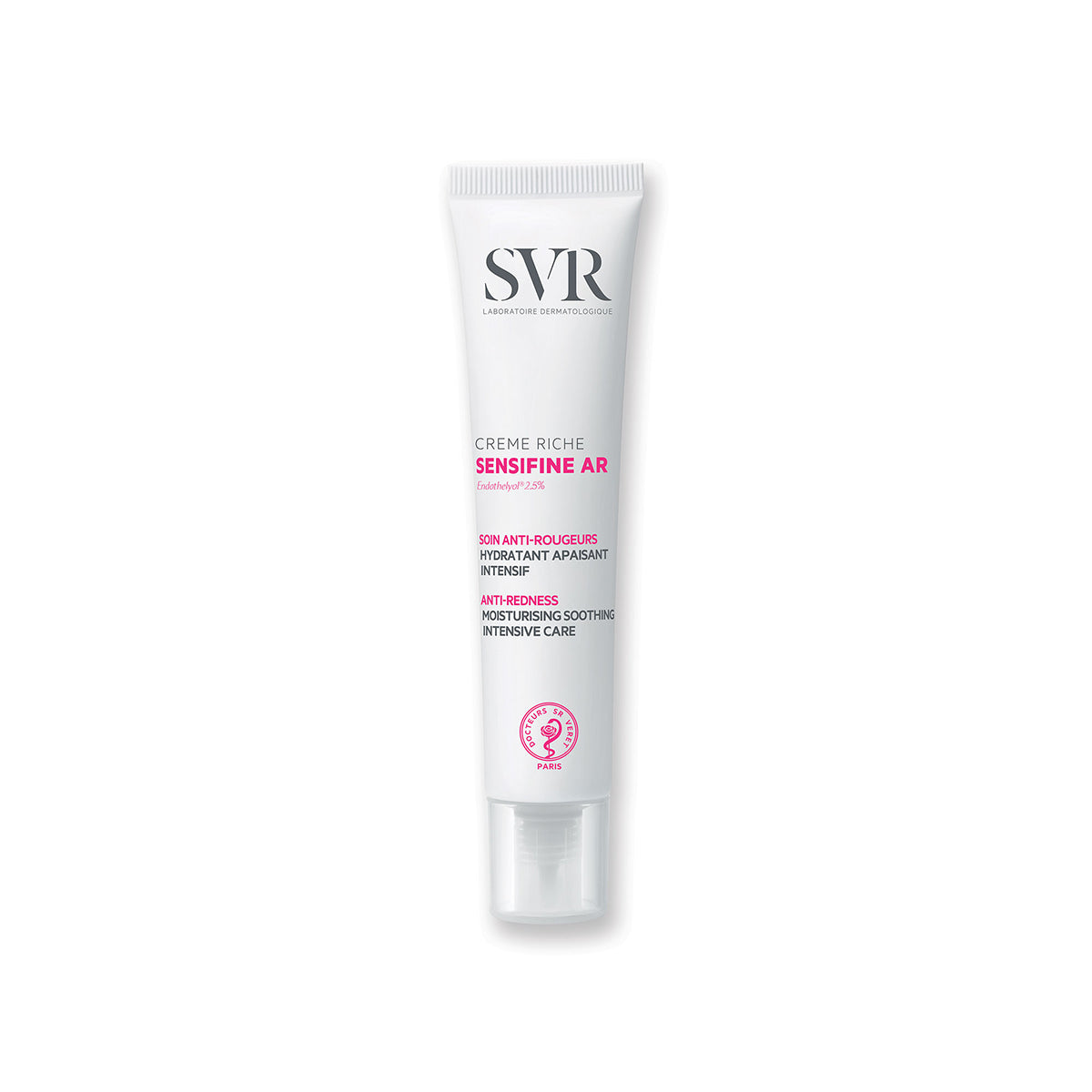 Tubo blanco de crema SVR Sensifine AR Riche para pieles con rojeces, con diseño minimalista y tapa transparente.