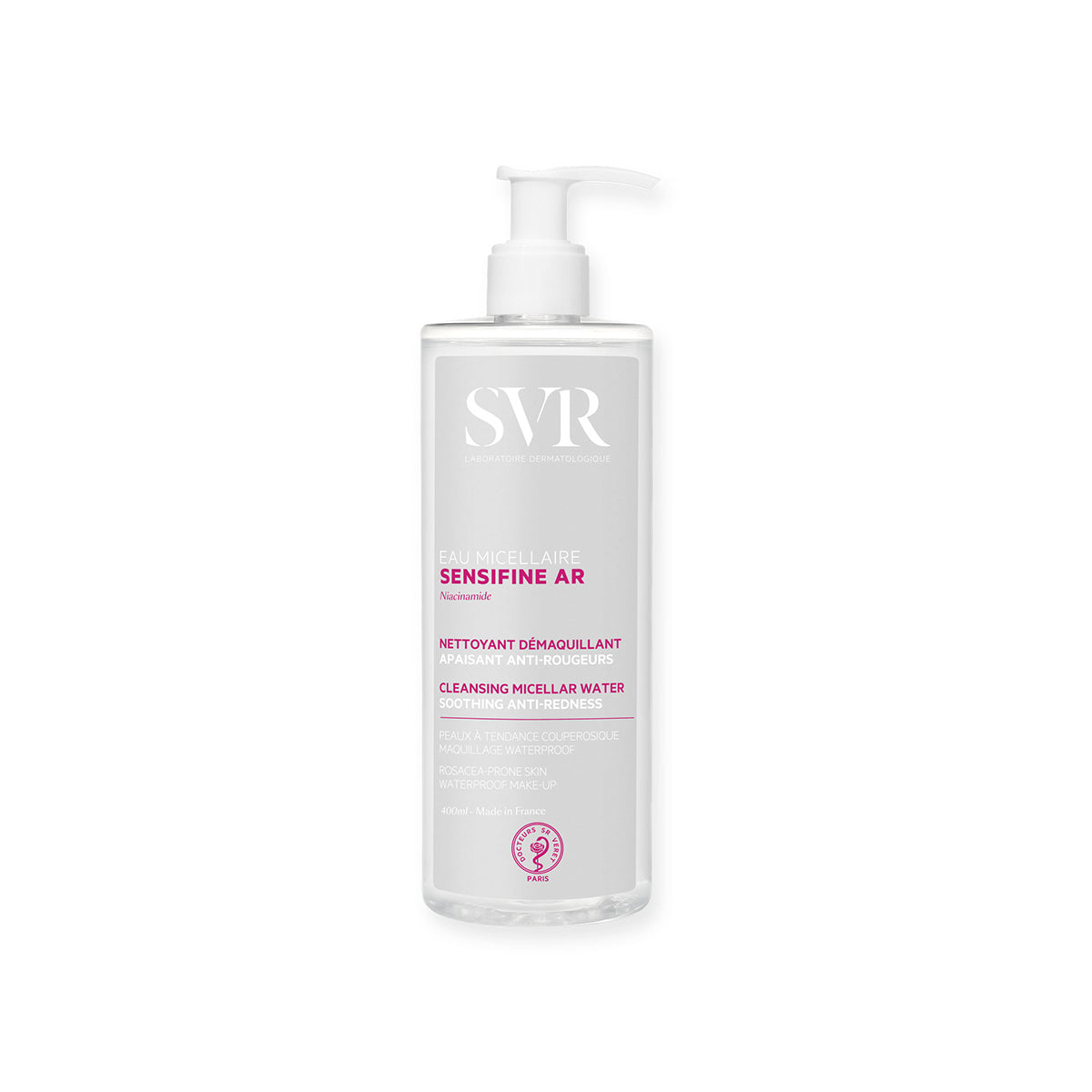Frasco transparente de 400ml de agua micelar SVR Sensifine AR con dosificador blanco para pieles con rojeces.