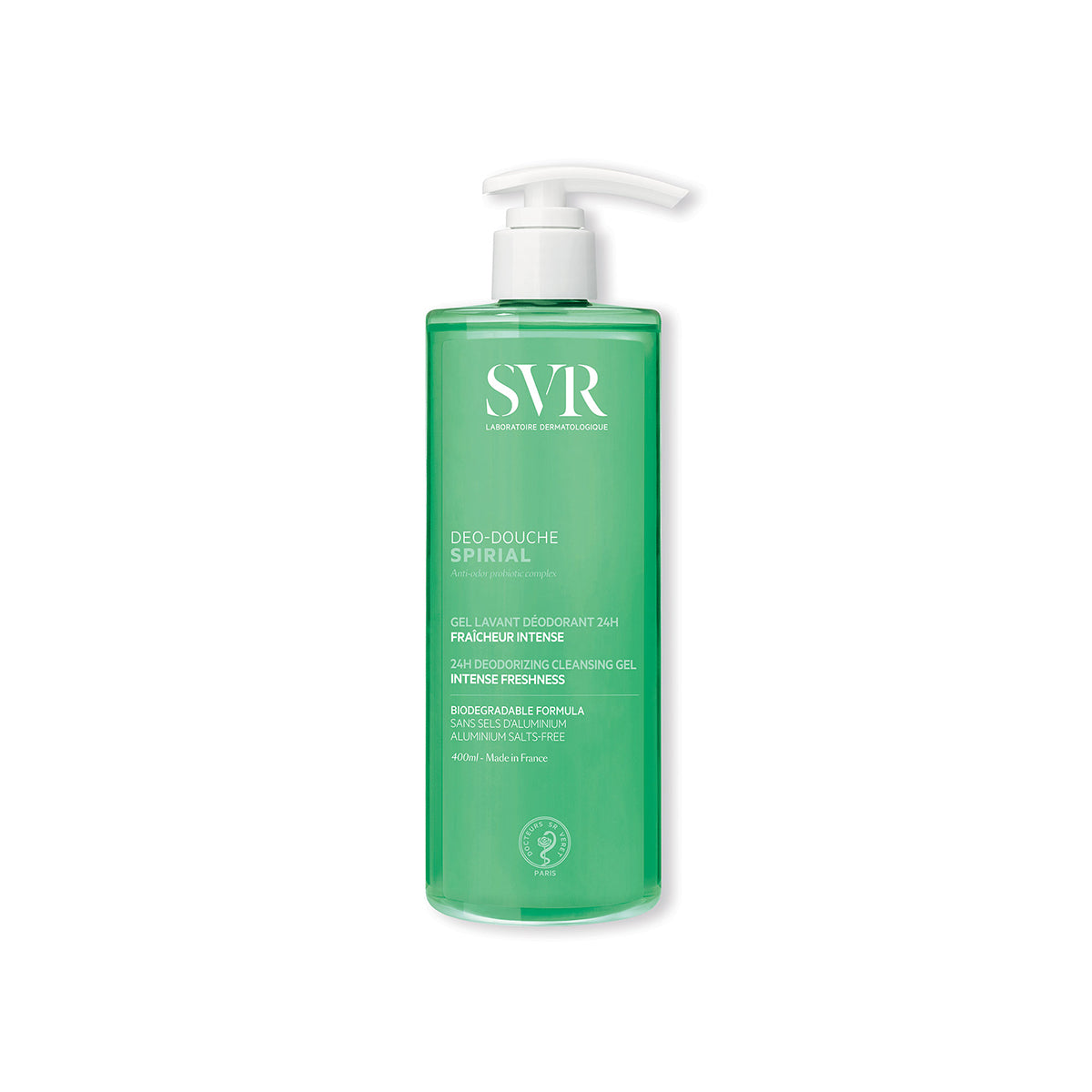 Envase cilíndrico de gel de ducha SVR Spirial de 400ml en color verde translúcido con dosificador blanco.