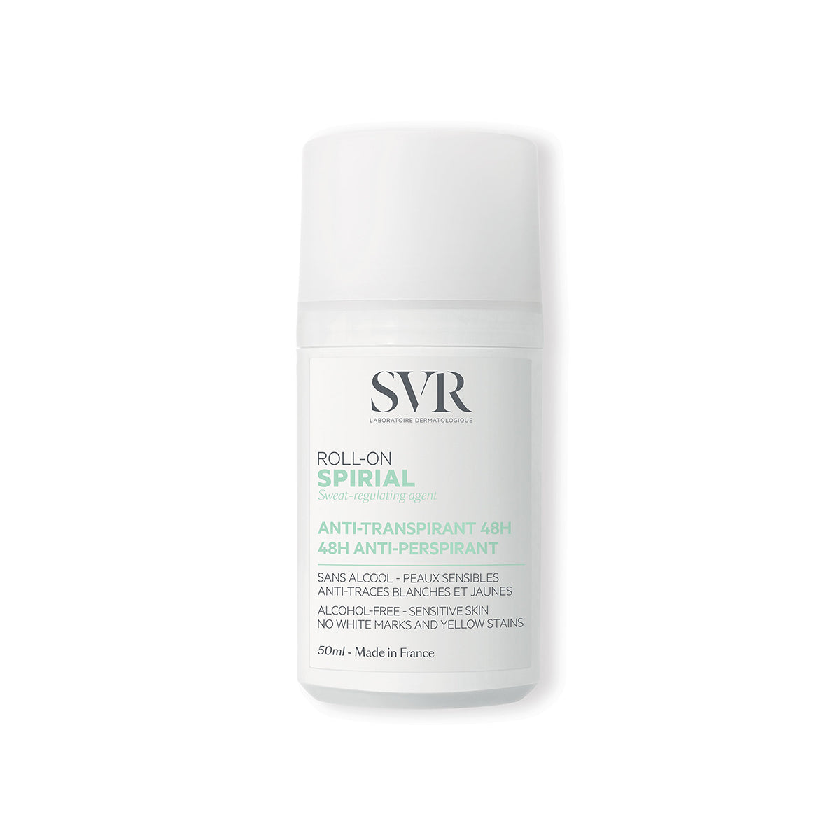 Desodorante roll-on SVR Spirial de 50ml en envase blanco cilíndrico con texto informativo en verde y negro.
