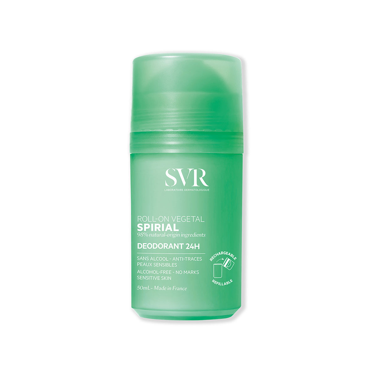 Desodorante roll-on SVR Spirial Végétal de 50 ml en envase verde translúcido recargable con texto blanco informativo.