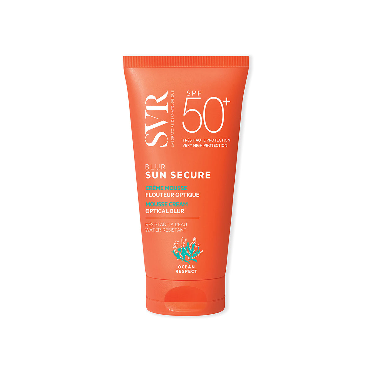 Tubo naranja de protector solar SVR Sun Secure Blur SPF50+ con textura mousse y diseño Ocean Respect.