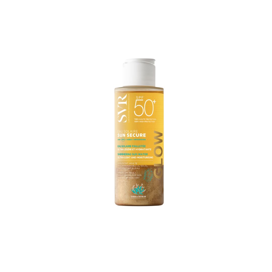 SVR SUN SECURE SPF50+ Glow shimmering sun water in a tall, amber-tinted plastic bottle with a white flip-top cap.