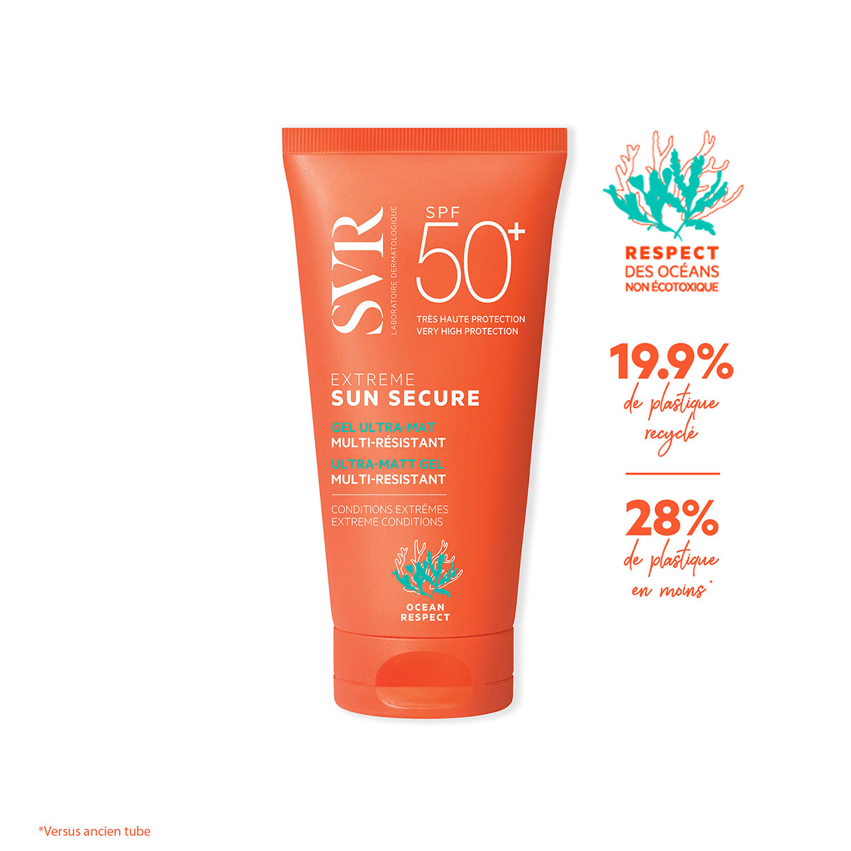 Tubo naranja de protector solar SVR Sun Secure Extreme SPF50+ con iconos de respeto al océano y detalles de sostenibilidad.