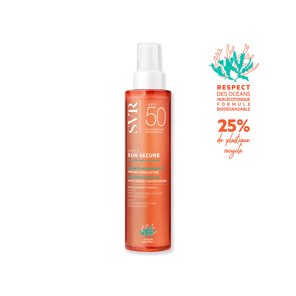 Spray de aceite solar SVR SUN SECURE SPF50 en envase naranja translúcido con atomizador blanco y sello Ocean Respect.