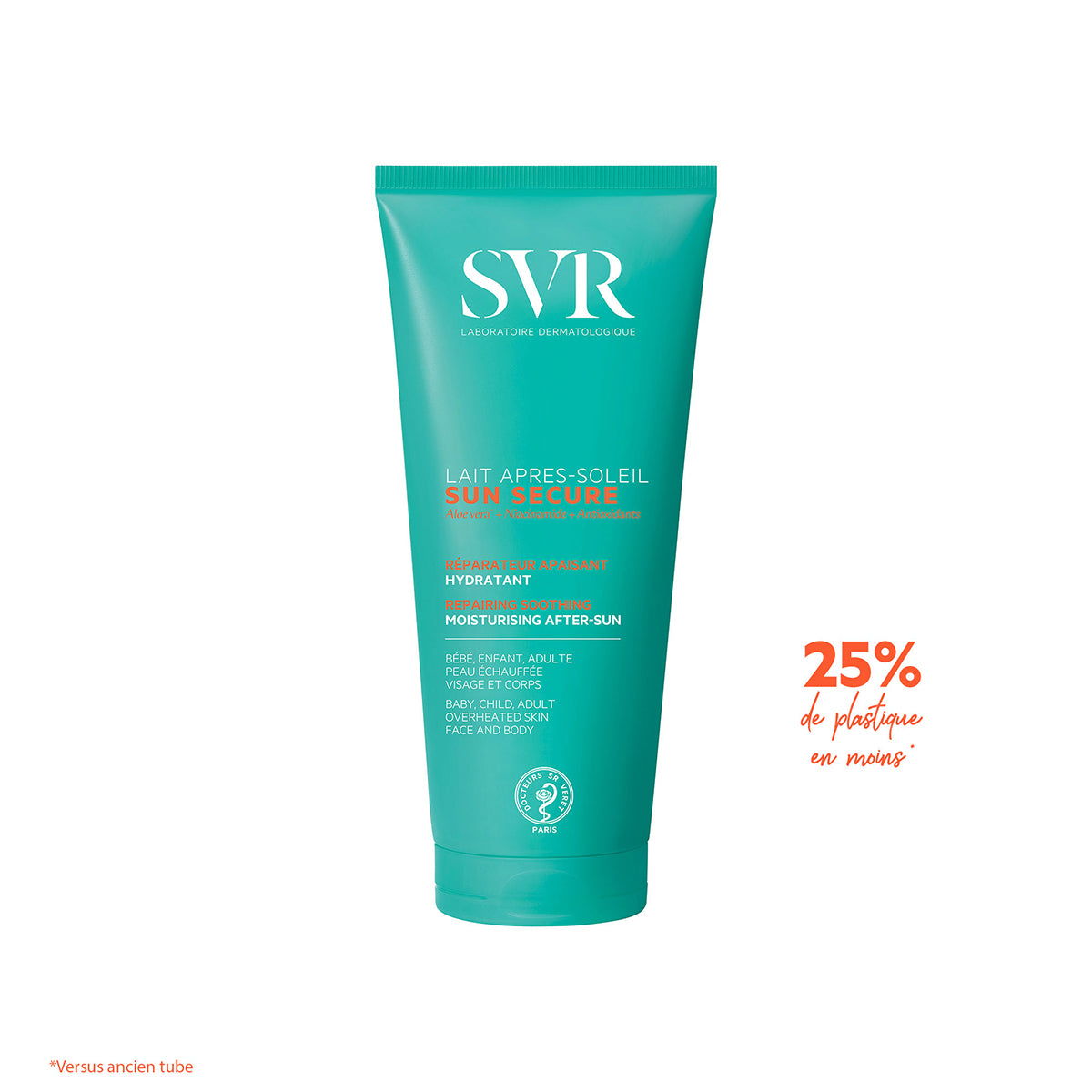 Tubo de leche hidratante SVR SUN SECURE Après-Soleil color turquesa con texto informativo sobre su envase ecológico.