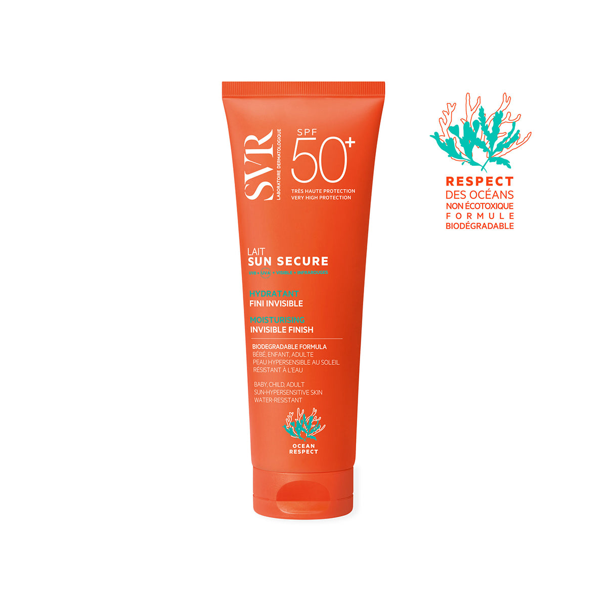 Tubo naranja de protector solar SVR SUN SECURE Lait SPF50+ con fórmula biodegradable y acabado invisible.
