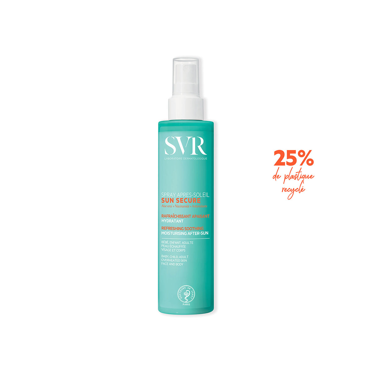 Spray hidratante SVR Sun Secure en envase cilíndrico color turquesa con dosificador transparente sobre fondo blanco.