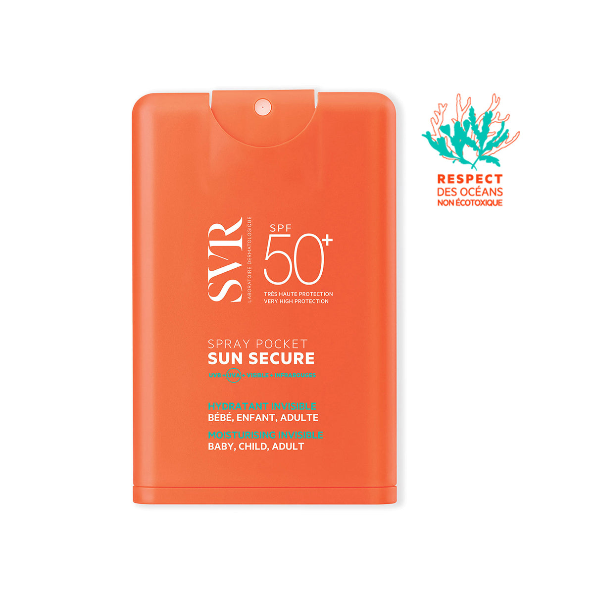 Envase plano de color naranja de SVR Sun Secure Spray Pocket SPF50+ con atomizador y sello de respeto a los océanos.