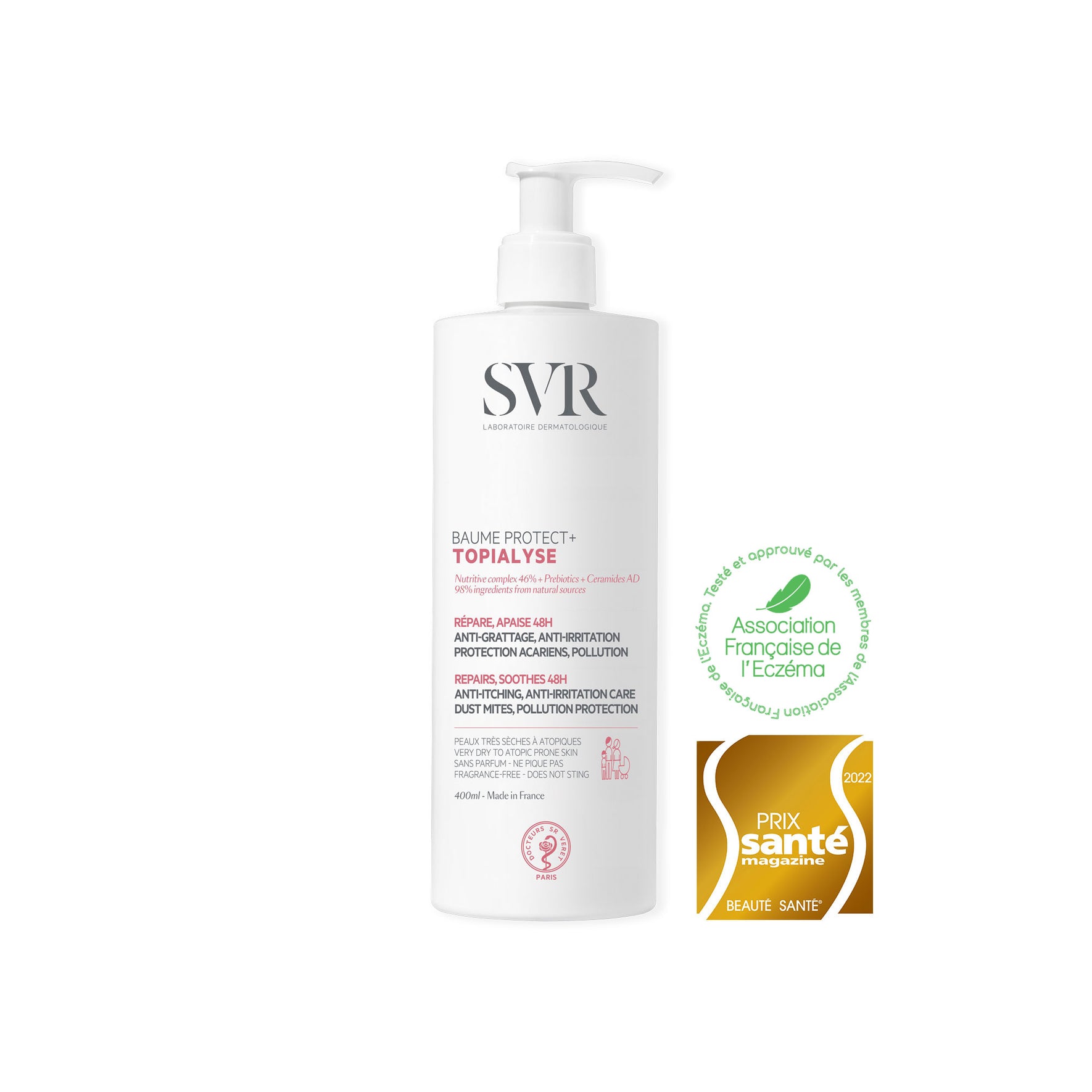 Bálsamo reparador SVR TOPIALYSE Baume Protect+ de 400ml con dosificador, junto a sellos de calidad sobre fondo blanco.
