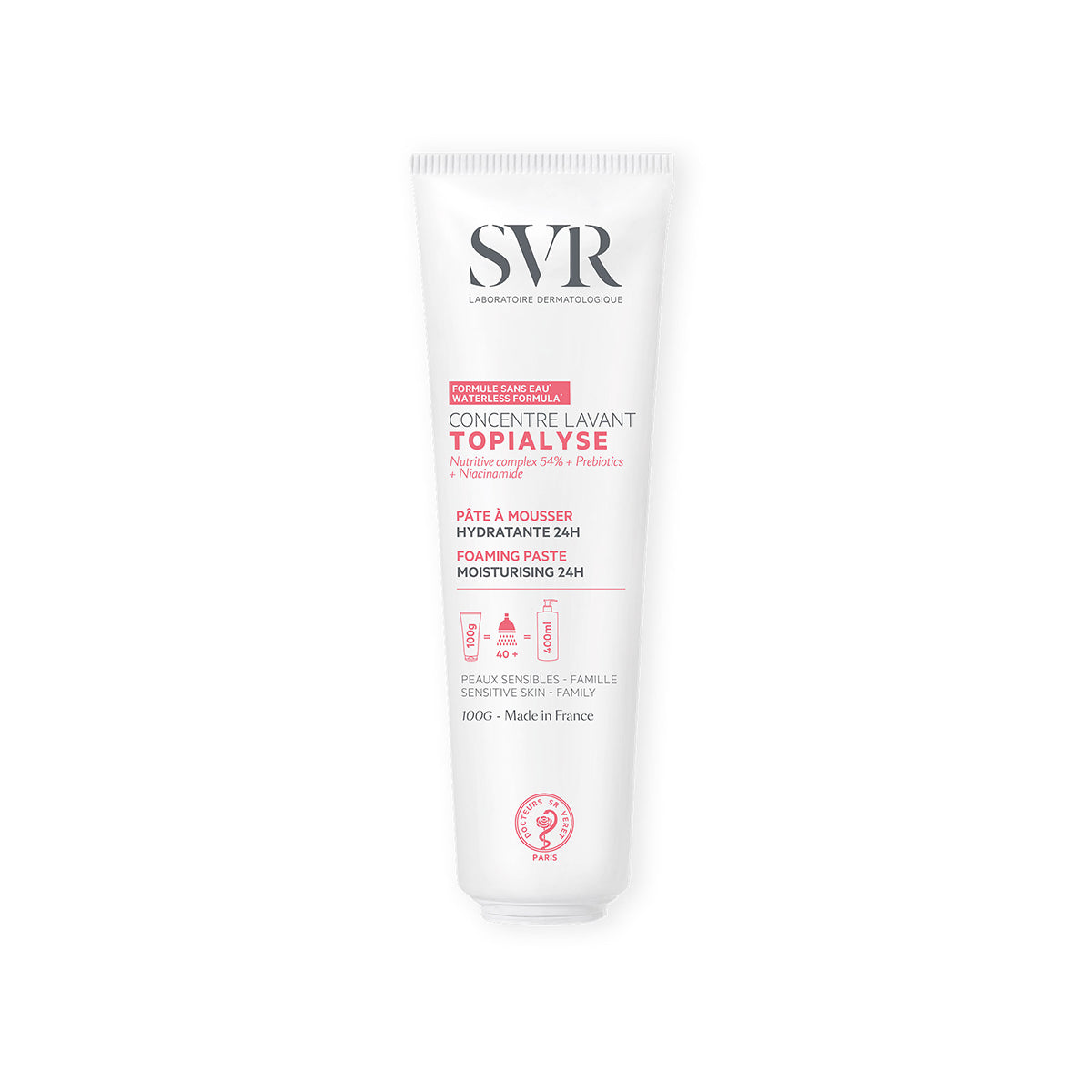 White 100g tube of SVR Topialyse Concentré Lavant foaming paste for sensitive skin with pink and black text.