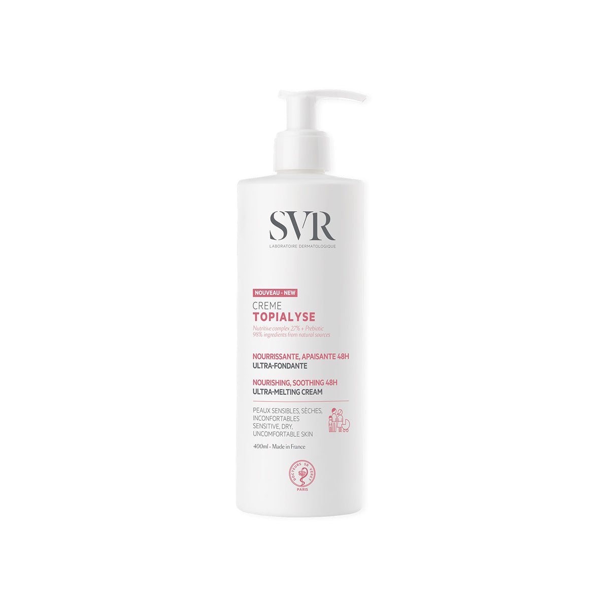 Envase blanco de 400ml de crema nutritiva SVR Topialyse con dosificador, diseñado para pieles sensibles y secas.
