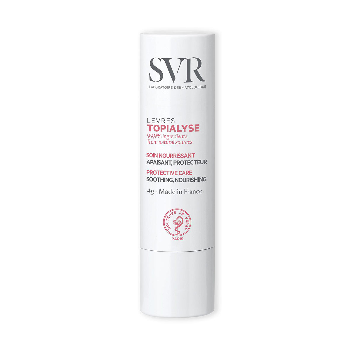 Bálsamo labial reparador SVR Topialyse en envase cilíndrico blanco de 4g con texto informativo y sello de calidad.