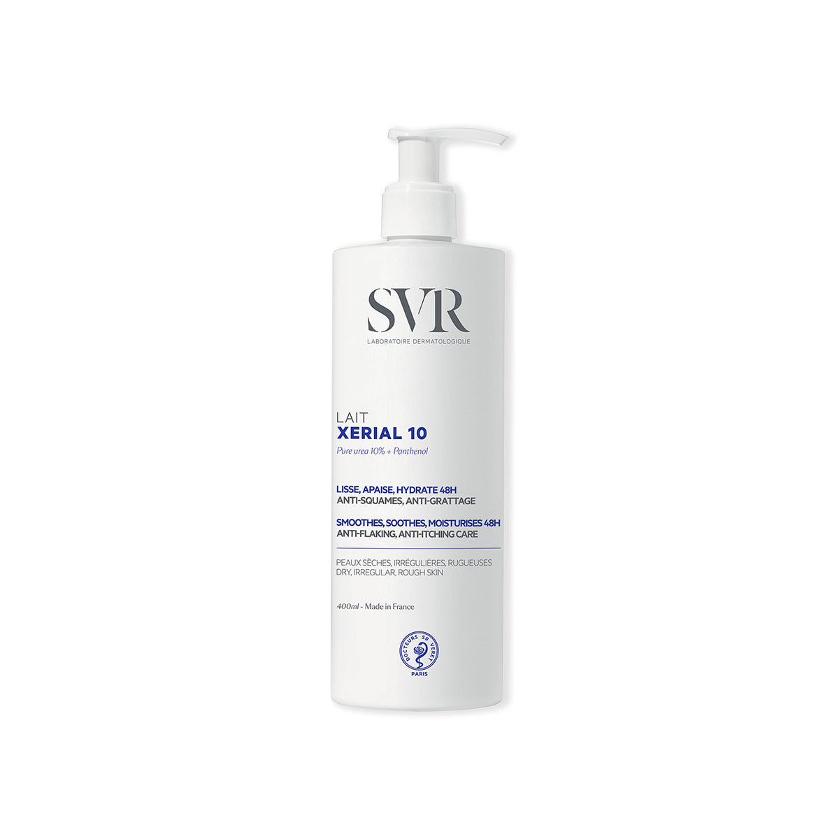Envase blanco de 400ml de loción corporal SVR XERIAL 10 con dosificador, formulada con urea al 10% para piel seca y rugosa.
