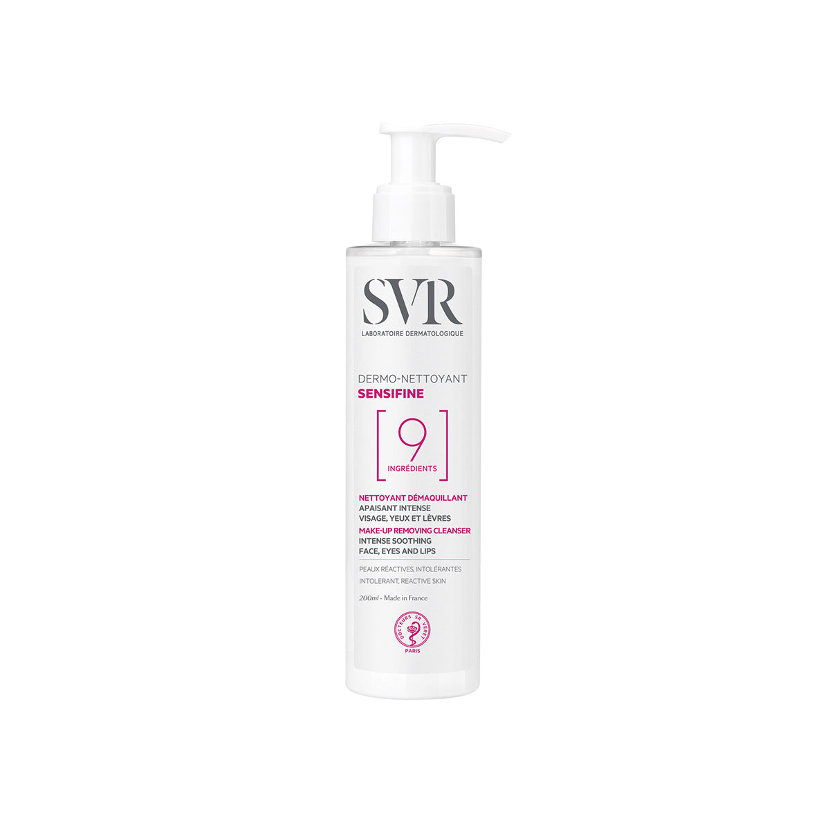 Envase cilíndrico de 200ml SVR Sensifine Dermo-Nettoyant con dosificador blanco sobre fondo blanco.