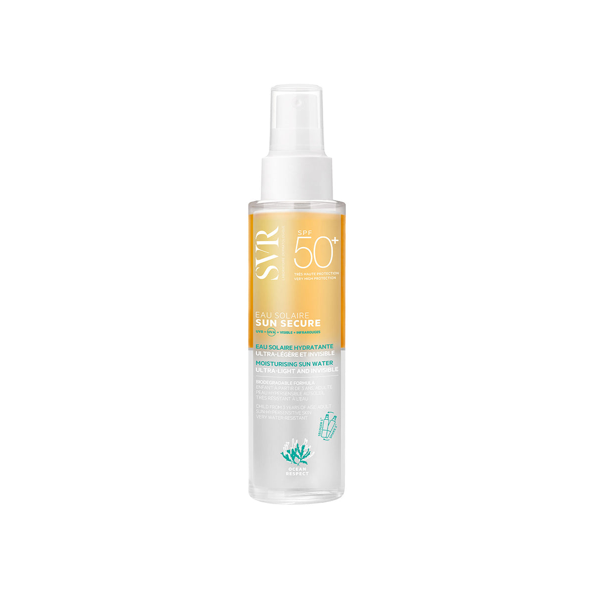 Spray protector solar SVR Sun Secure SPF50+ en envase transparente con etiqueta naranja y blanca y tapón pulverizador.