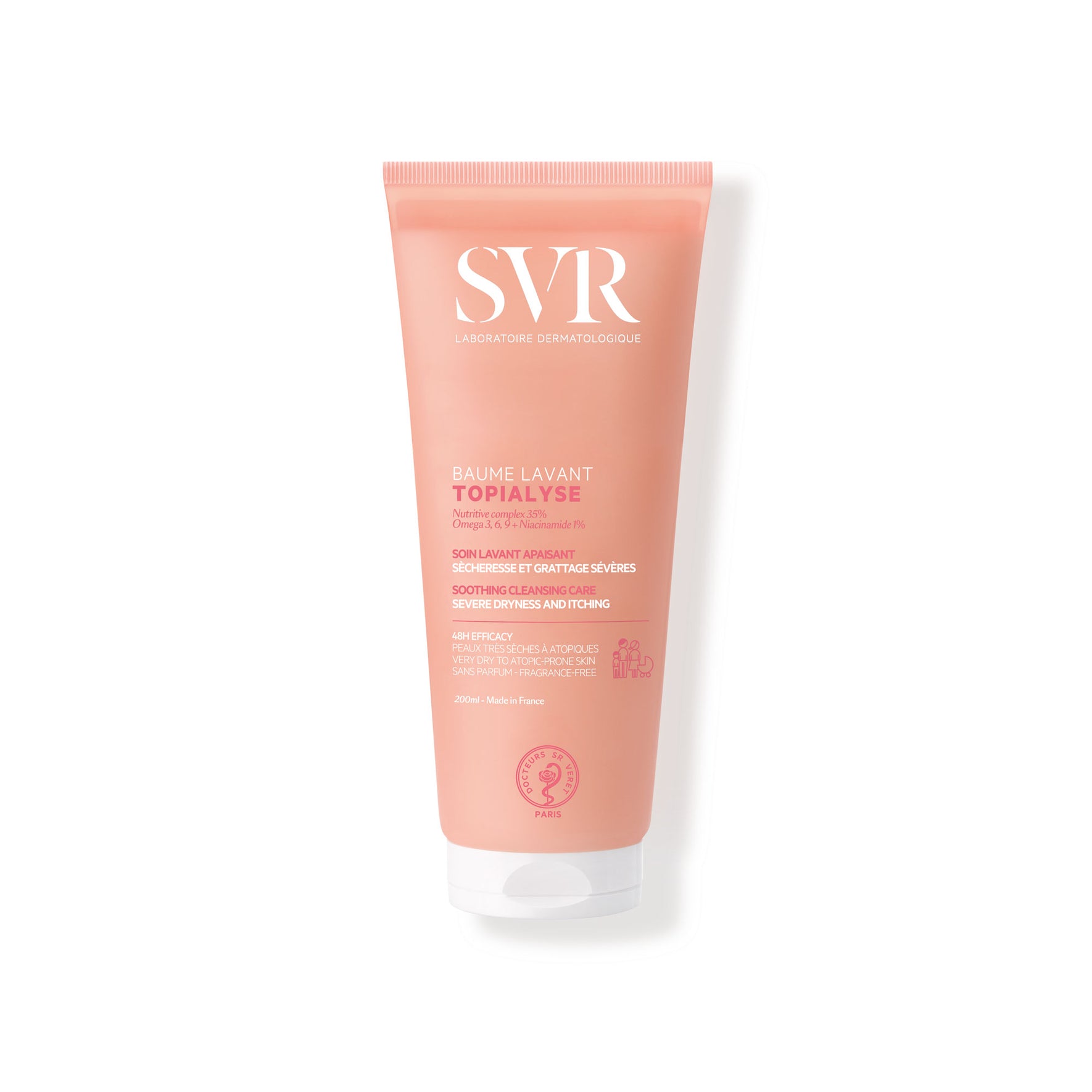 Tubo de bálsamo limpiador SVR Topialyse de 200 ml en color rosa suave con tapa blanca para pieles atópicas.