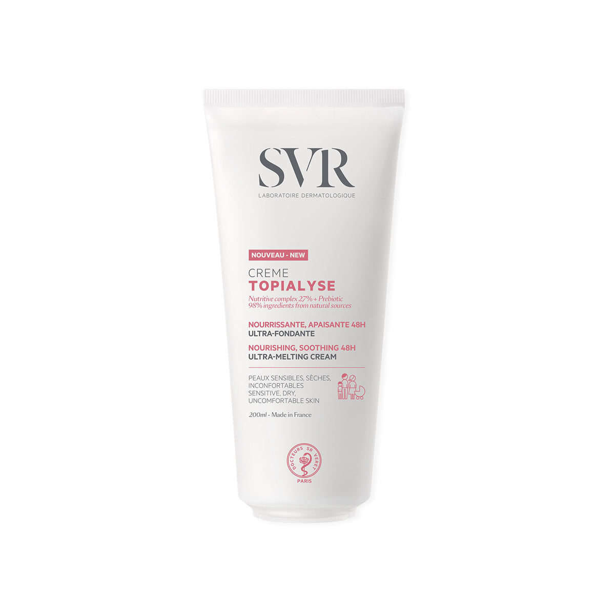Tubo blanco de 200 ml de crema nutritiva SVR TOPIALYSE para pieles sensibles y secas con diseño minimalista.