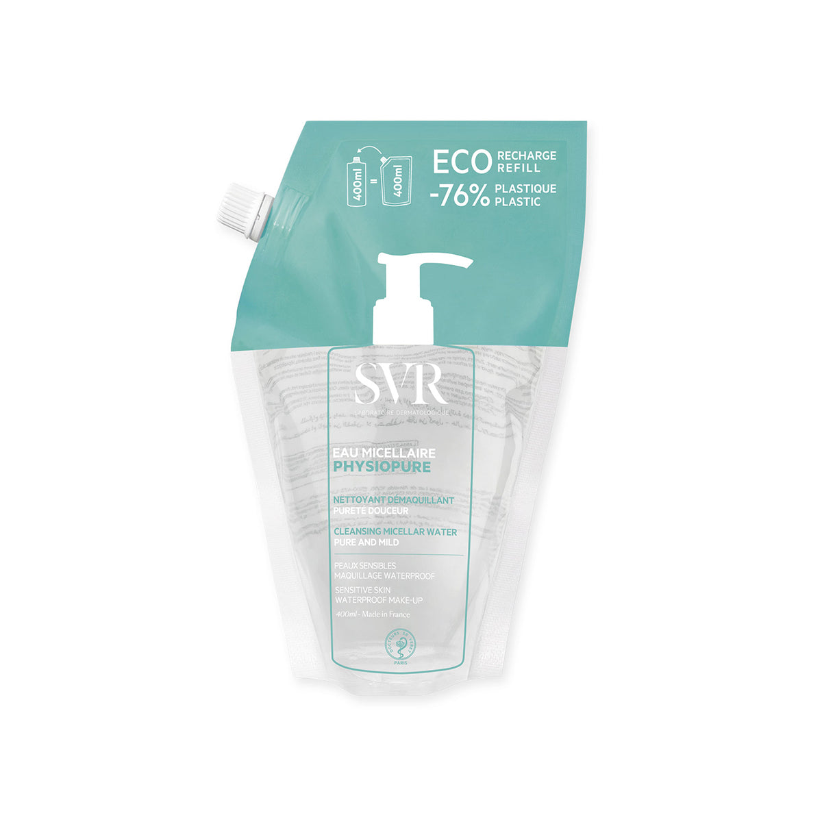 Recarga ecológica de 400ml de agua micelar SVR PHYSIOPURE en envase flexible de plástico con tapón dosificador blanco.