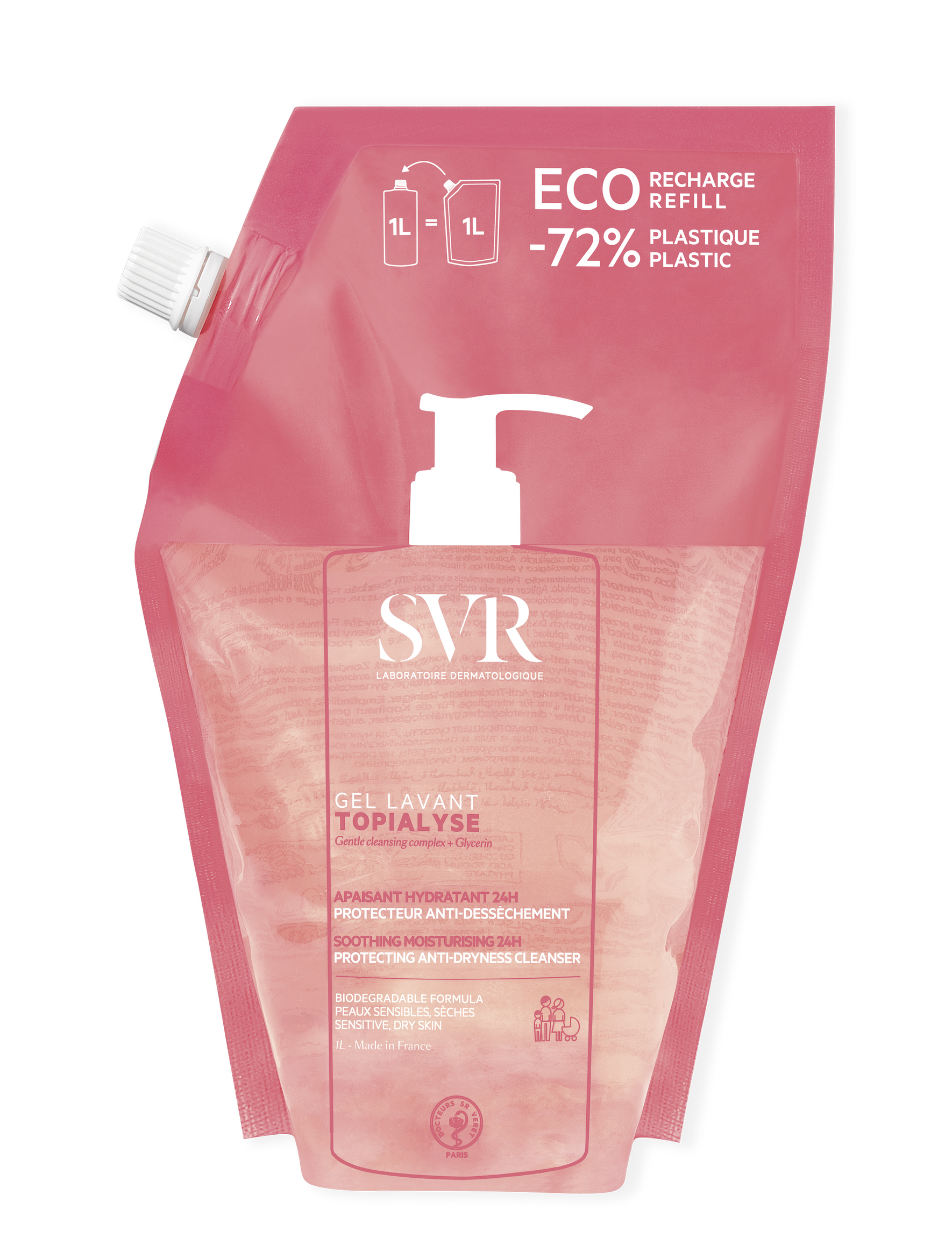 Recarga ecológica de 1 litro de gel limpiador SVR Topialyse en envase flexible rosa con tapón de rosca blanco.