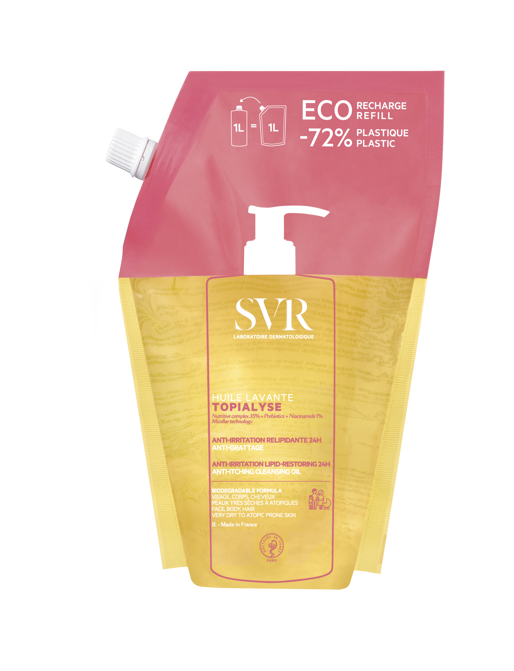 Recarga de 1 litro de aceite limpiador SVR Topialyse en envase flexible rosa y amarillo con dosificador blanco.