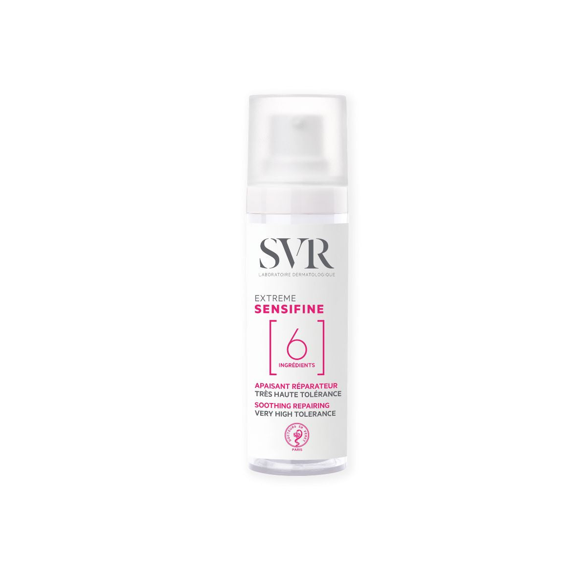 Envase cilíndrico blanco de SVR Sensifine Extrême con tapón transparente y texto minimalista en negro y rosa.