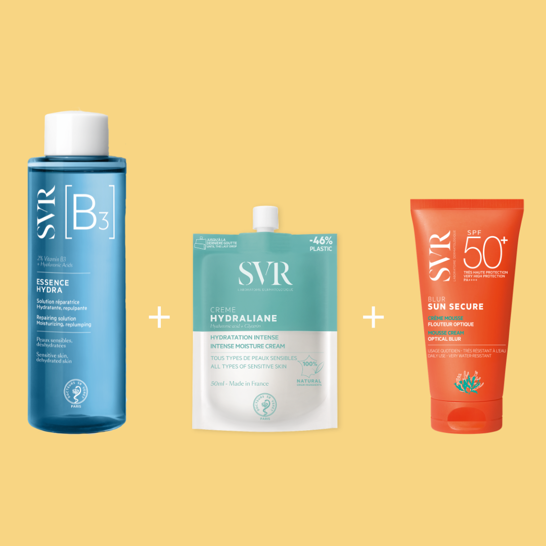 Rutina SVR con Essence B3 azul, crema Hydraliane en envase flexible y protector solar Blur SPF50+ naranja sobre fondo amarillo.