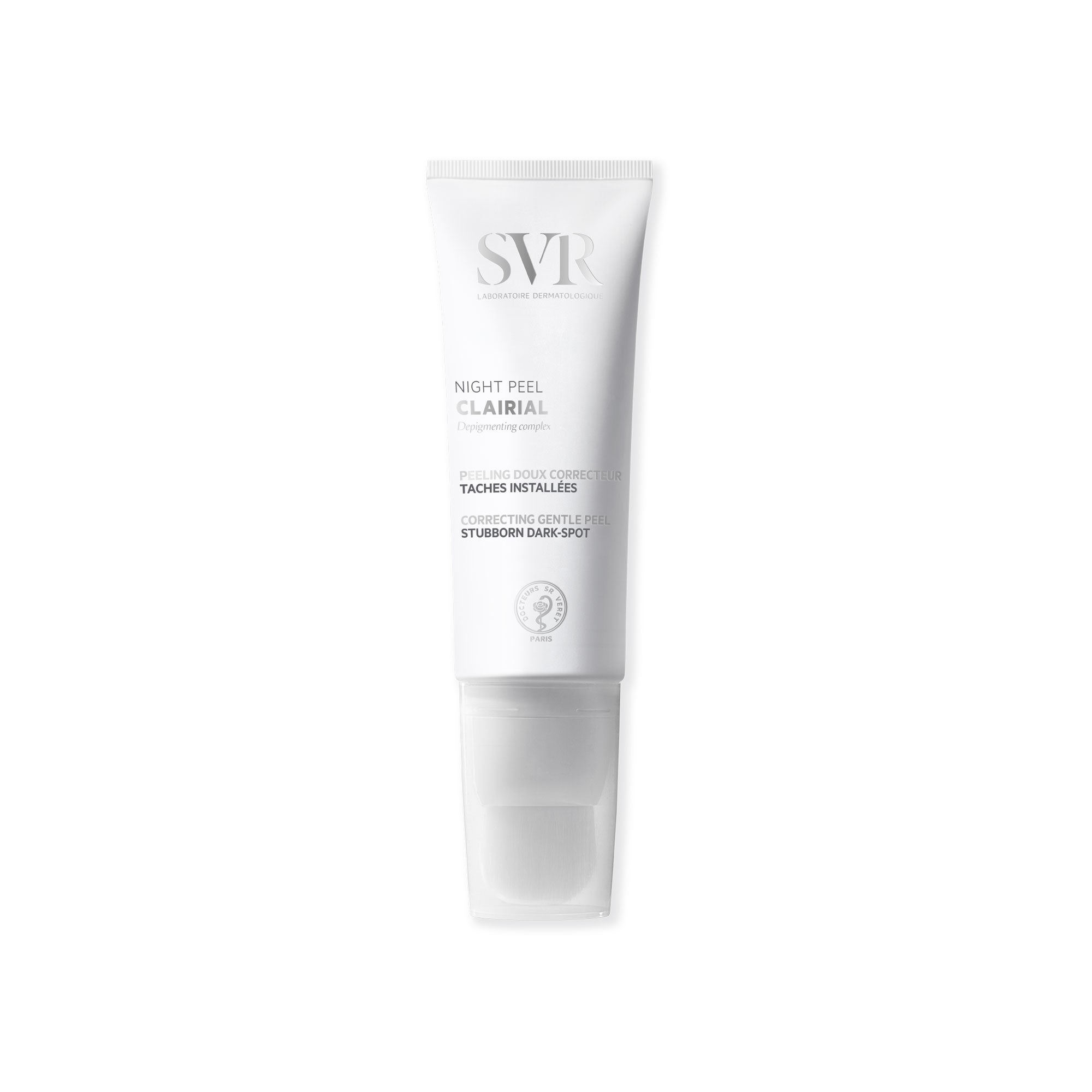 Tubo blanco de SVR Clairial Night Peel con aplicador de brocha para tratamiento despigmentante de manchas.