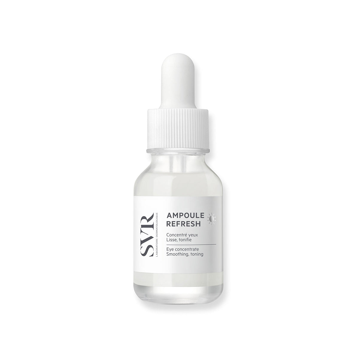 Frasco de cristal transparente SVR Ampoule Refresh con aplicador de pipeta blanca para el contorno de ojos.