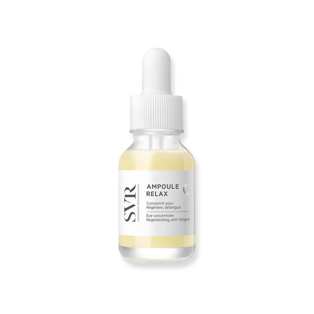 Frasco de vidrio transparente con sérum amarillo, tapón blanco y aplicador de pipeta para el contorno de ojos SVR Ampoule Relax.