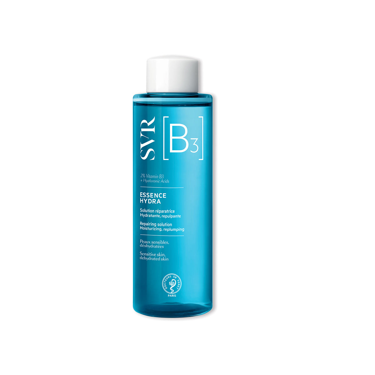 Frasco cilíndrico de SVR [B3] Essence Hydra con líquido azul traslúcido y tapón blanco para piel sensible y deshidratada.