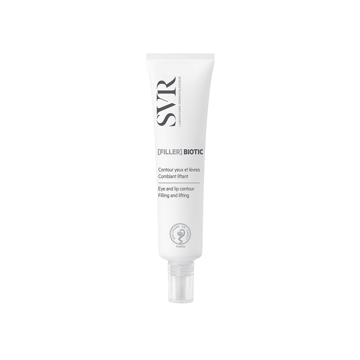 Tubo blanco de 15ml SVR [FILLER] BIOTIC para contorno de ojos y labios con aplicador transparente.