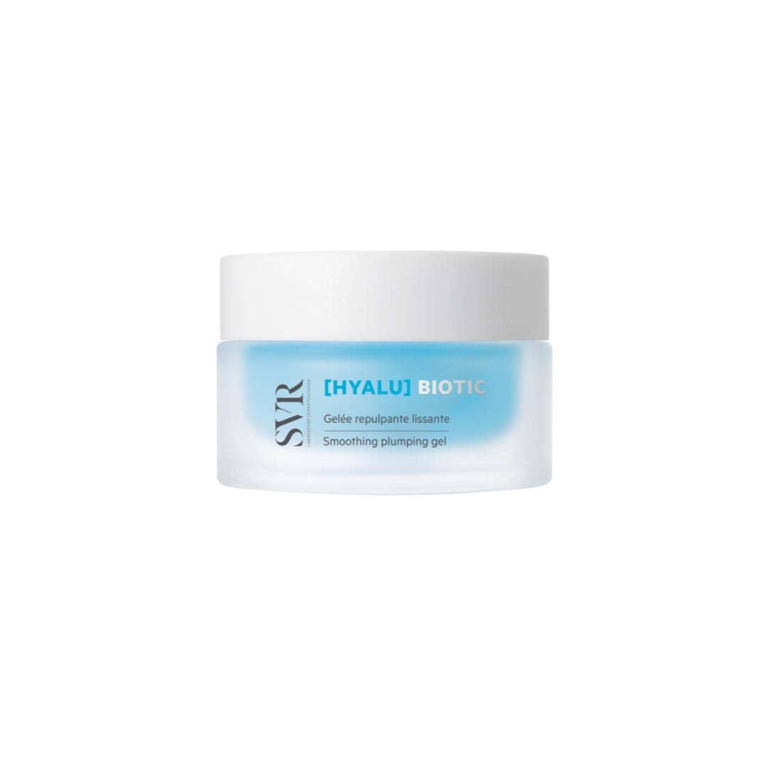 Tarro de gel hidratante SVR Hyalu Biotic con envase de vidrio esmerilado azul y tapa blanca sobre fondo blanco.