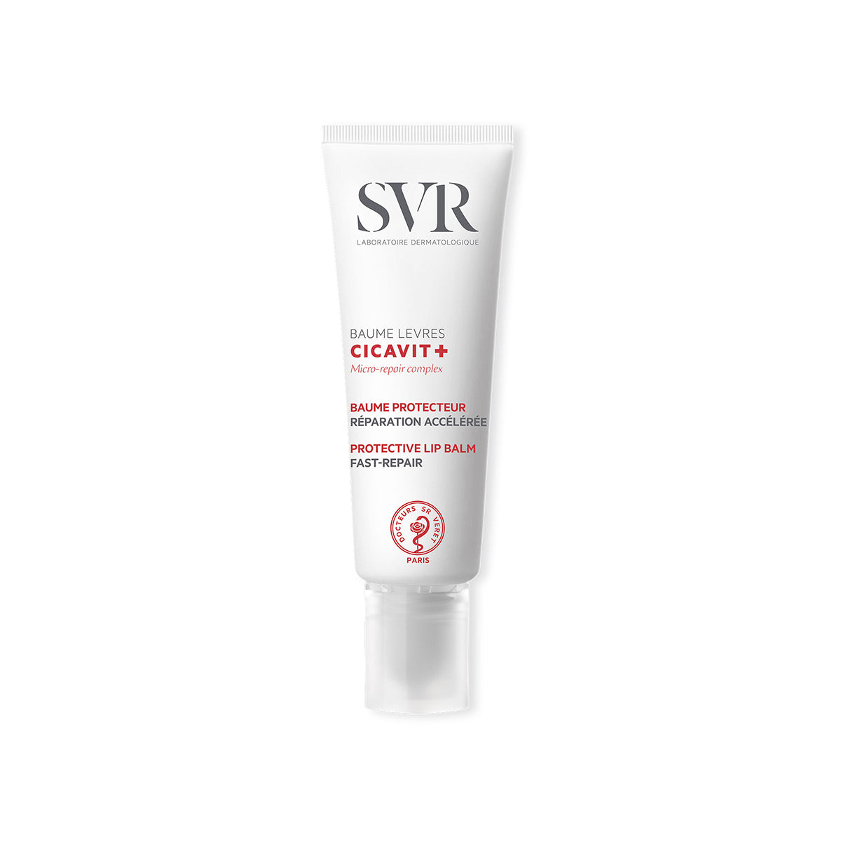 Tubo blanco de bálsamo labial reparador SVR Cicavit+ con letras rojas y negras sobre fondo blanco.