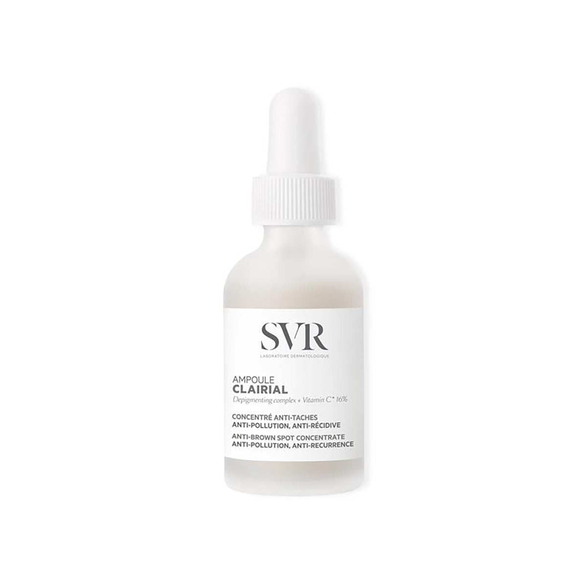 Frasco de vidrio esmerilado con gotero blanco de SVR Clairial Ampoule, concentrado antimanchas para el cuidado facial.