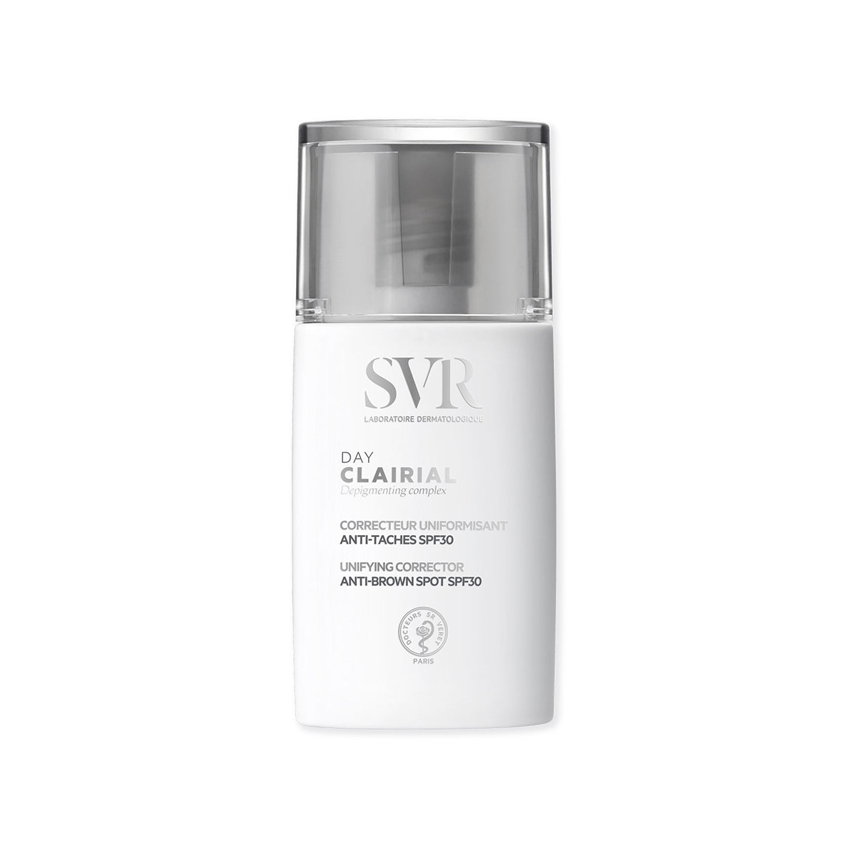 Envase blanco cilíndrico de SVR Clairial Day con tapa transparente y texto informativo sobre protección antimanchas SPF30.