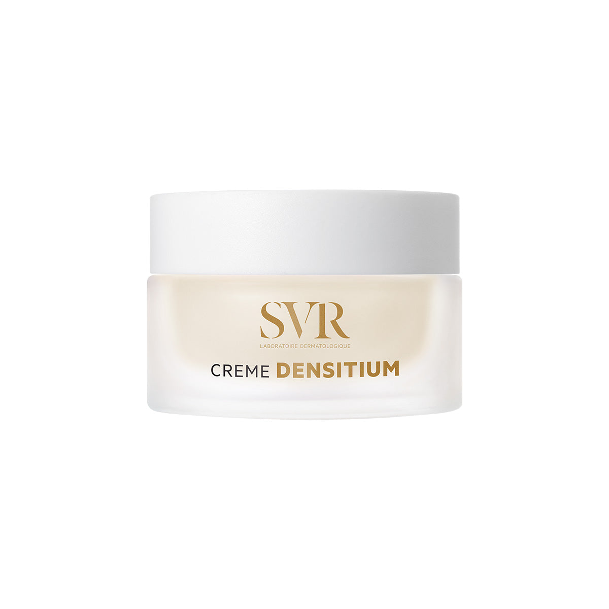 SVR Densitium Creme in a frosted glass jar with a white screw-top lid and gold branding on a white background.