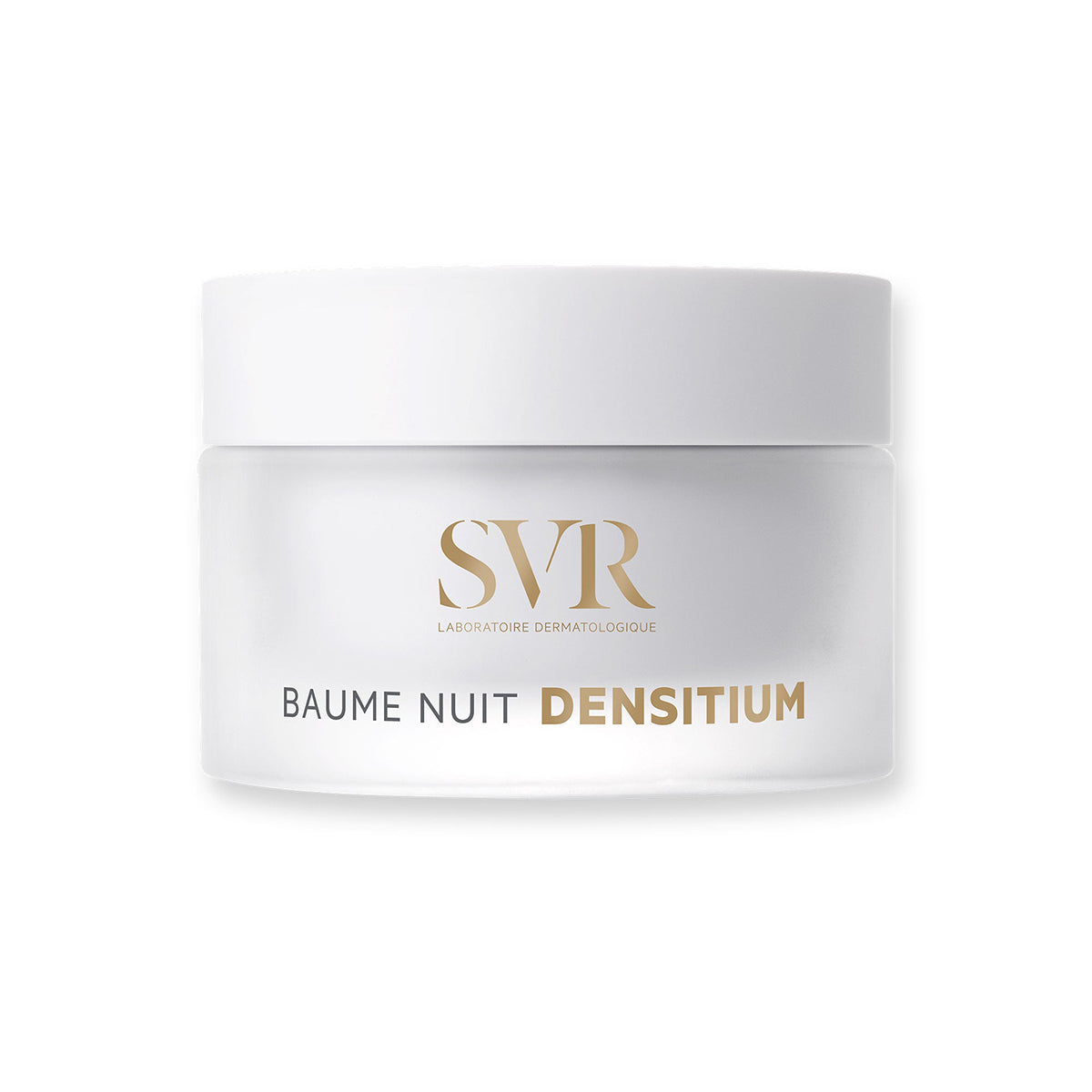 SVR Densitium Baume Nuit night cream in a frosted glass jar with a white lid and gold metallic lettering.