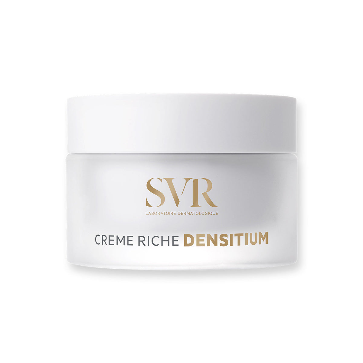 SVR Densitium Creme Riche in a frosted glass jar with a white lid and gold lettering against a white background.
